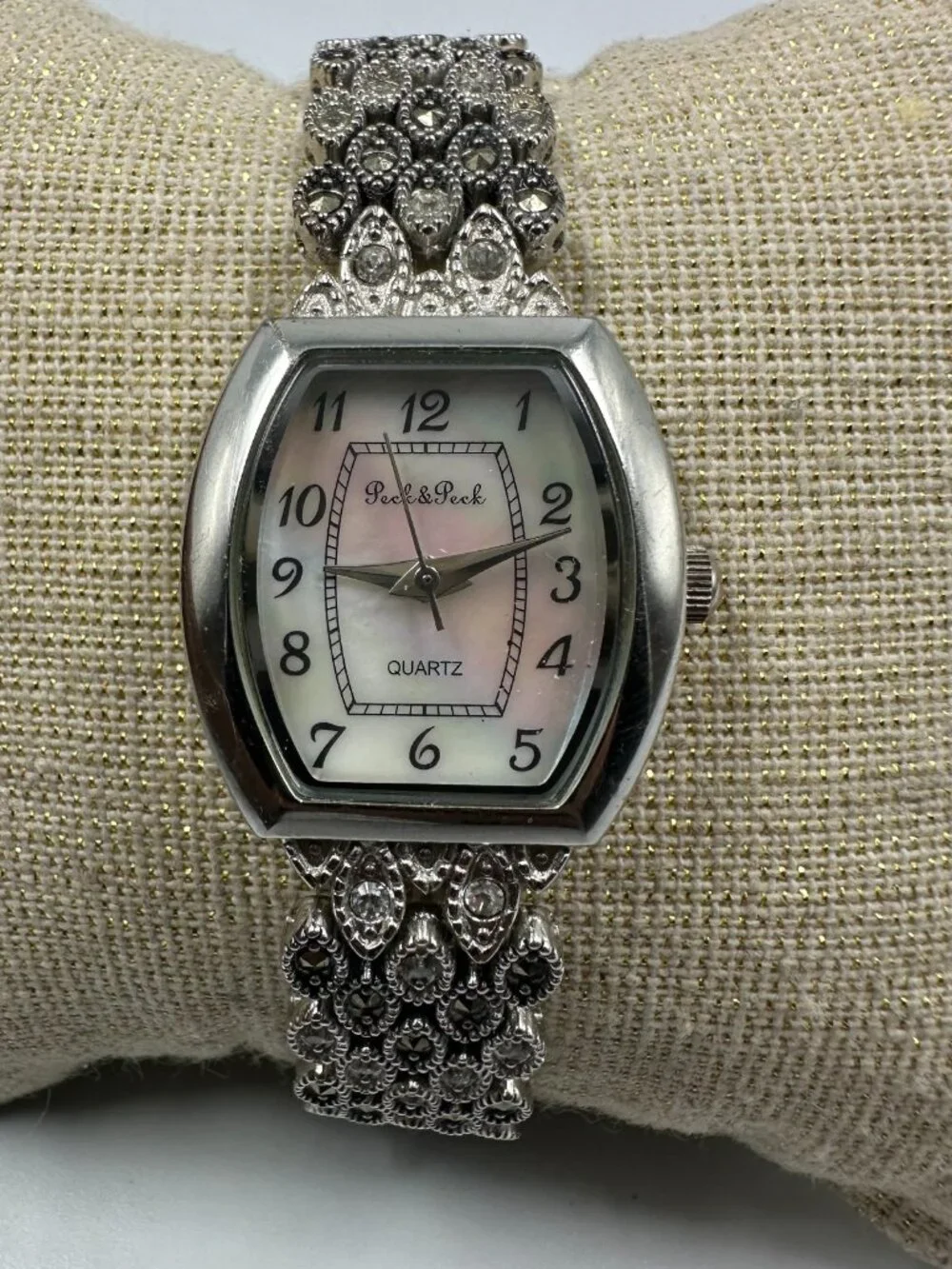 Peck & Peck Watch Silver Tone Marcasite Band MOP Dial New Battery 7 Inch